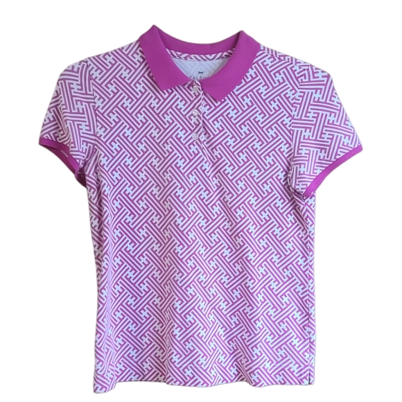 Talbots Tops - Talbots Womens Stretchy Polo Shirt, Pink White Geometric Short Sleeve, Size S